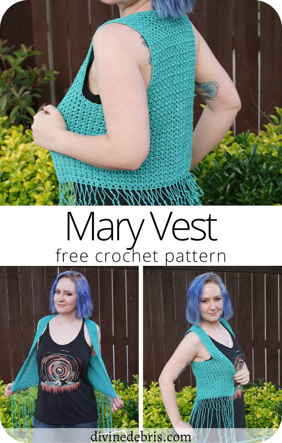 Looking for a fun vest to layer over tank tops for those warm summer months? Be fashionable with the Mary Vest from a free crochet pattern by Divine Debris