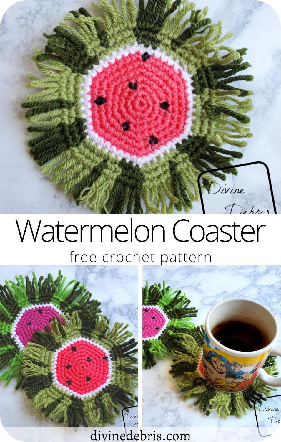 Update your Summer home decor with this fun and stash-busting free crochet pattern, the Watermelon Coaster with fringe, by DivineDebris.com