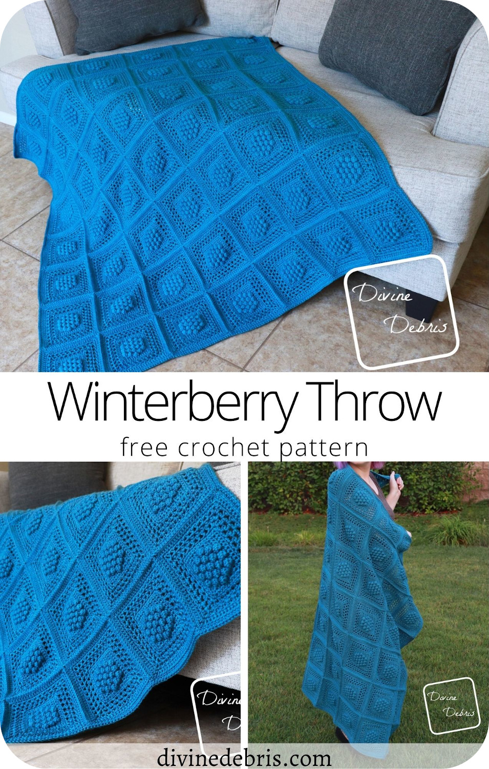 Learn to make the Winterberry Throw, a textured and fun blanket, from a free and easy crochet pattern by DivineDebris.com