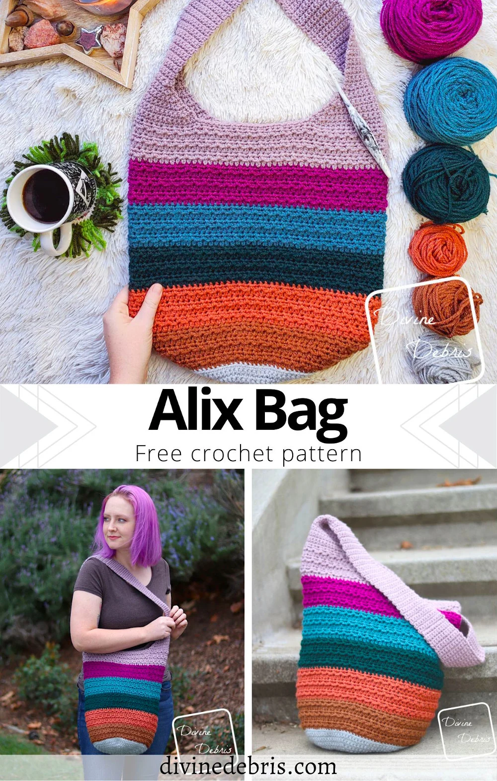 Learn to make a fun and deliciously textured bag with lots of room for creativity, the Alix Bag crochet pattern free from DivineDebris.com