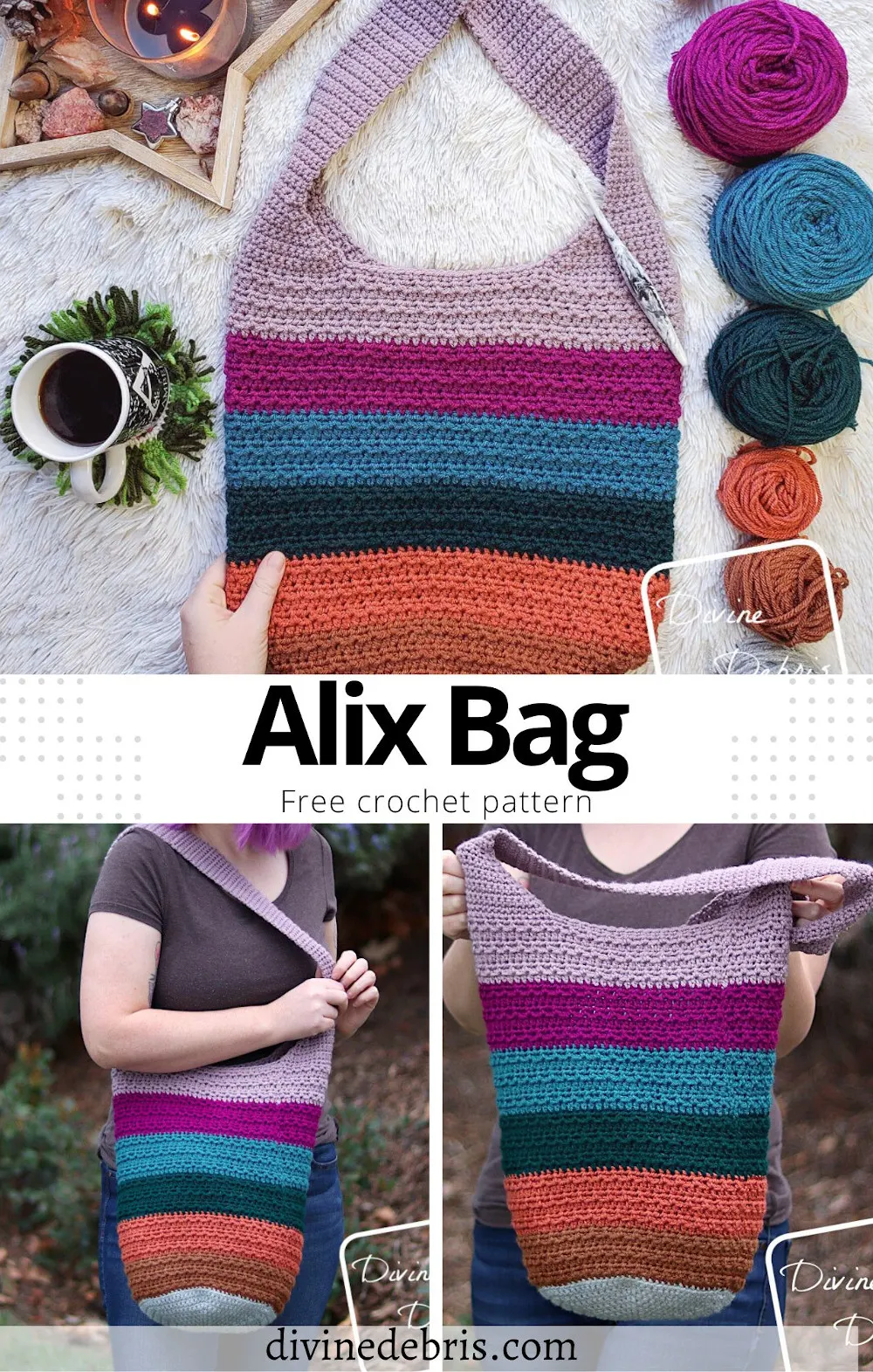 Learn to make a fun and deliciously textured bag with lots of room for creativity, the Alix Bag crochet pattern free from DivineDebris.com