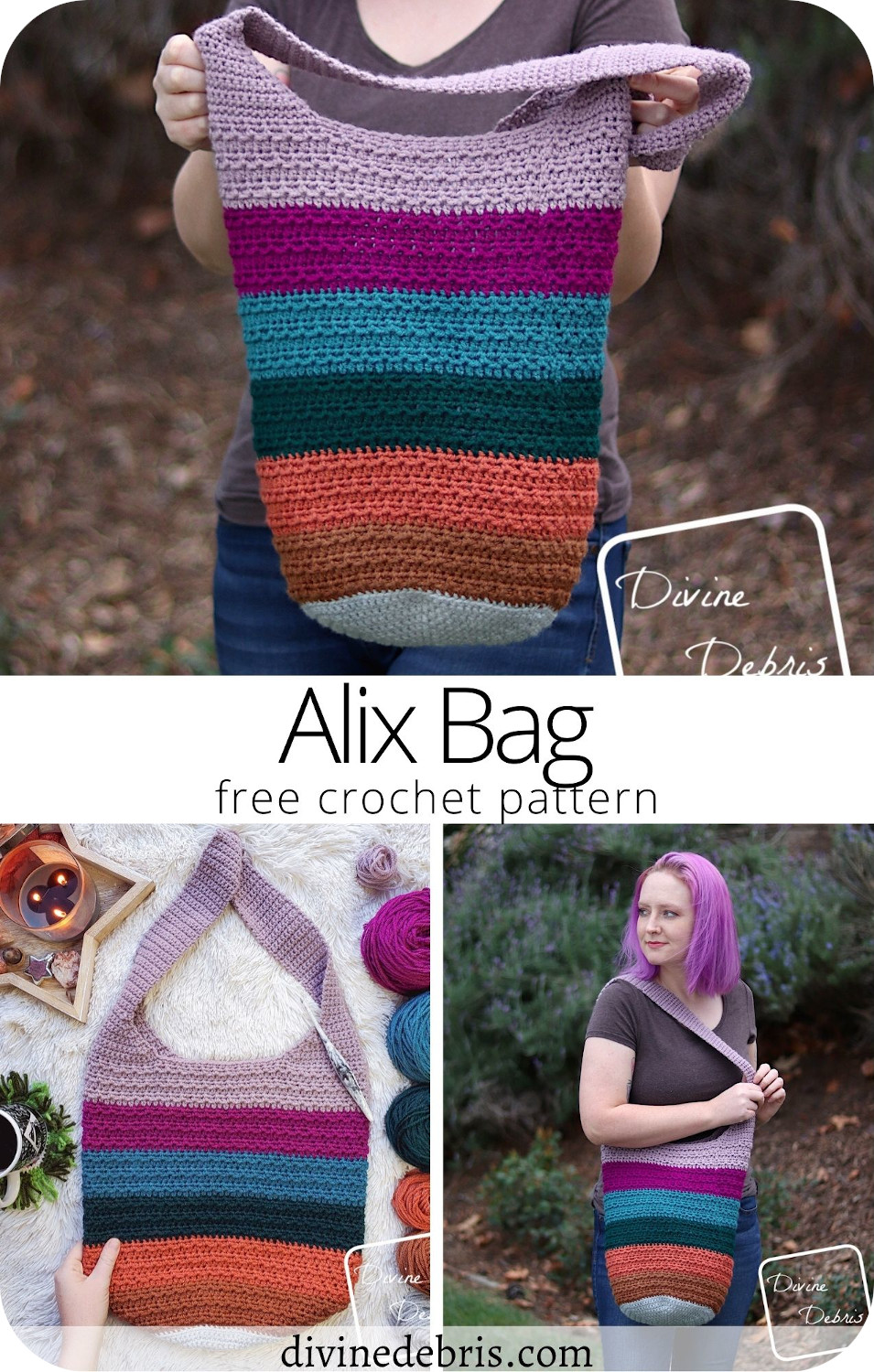Learn to make a fun and deliciously textured bag with lots of room for creativity, the Alix Bag crochet pattern free from DivineDebris.com