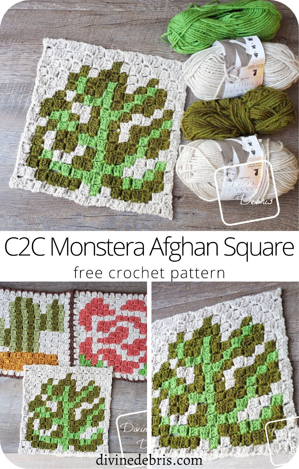 Learn to make the C2C Monstera Afghan Square free crochet pattern, the 3rd square in the year-long C2C CAL by DivineDebris.com