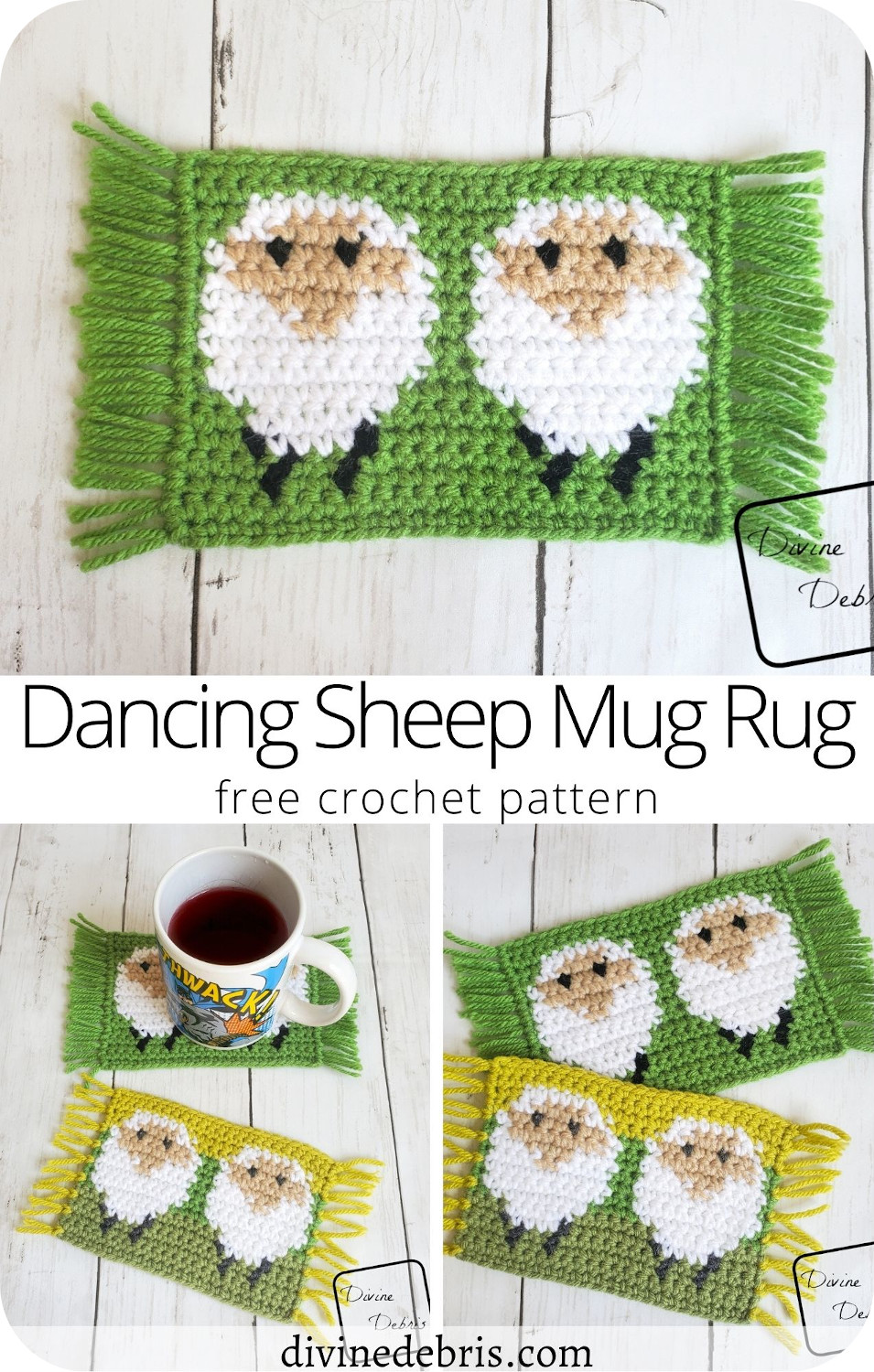 Learn to make the Dancing Sheep Mug Rug, a fun tapestry crochet home decor piece, from a free crochet pattern on DivineDebris.com