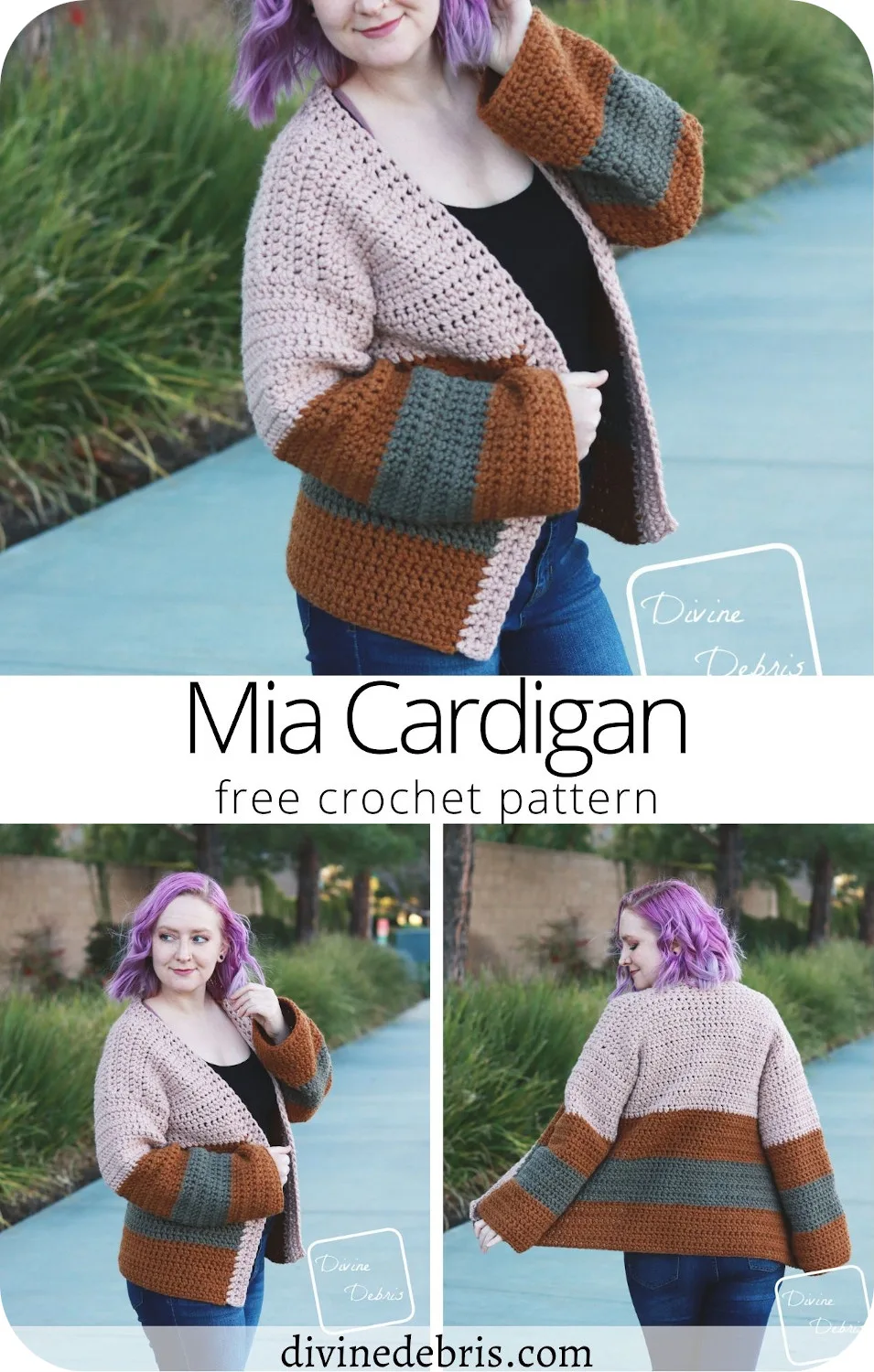Learn to make the easy, squishy, and striped cardi  using bulky weight yarn, the Mia Cardigan, from a free crochet pattern on DivineDebris.com