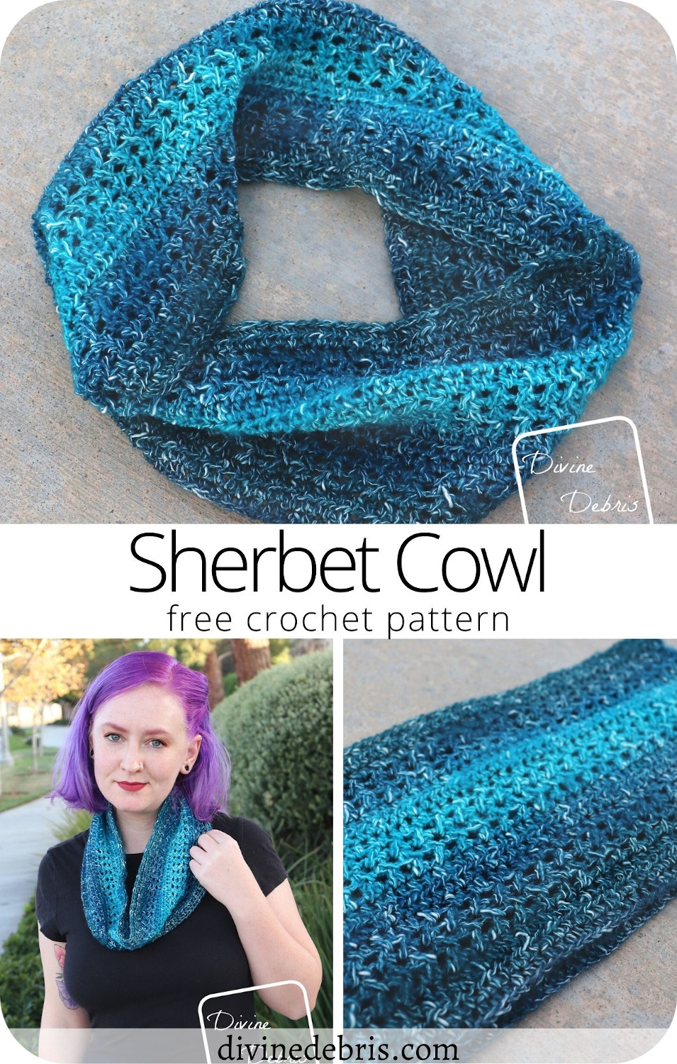 Never be without a quick gift with the fun and easy scarf for every season, the Sherbet Cowl free crochet pattern on DivineDebris.com.