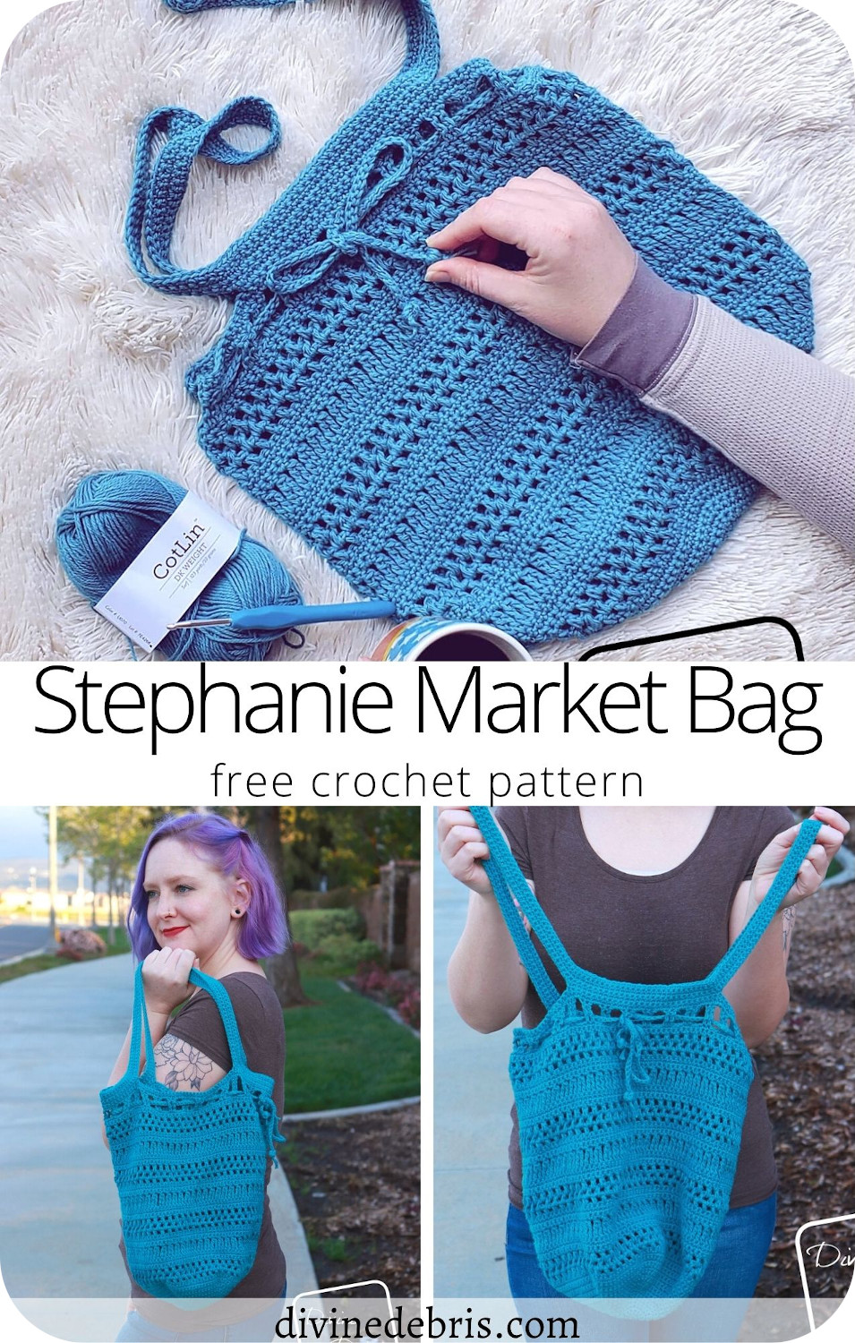 Learn to make the fun, easy, customizable, and useful Stephanie Market Bag from a free crochet pattern by DivineDebris.com