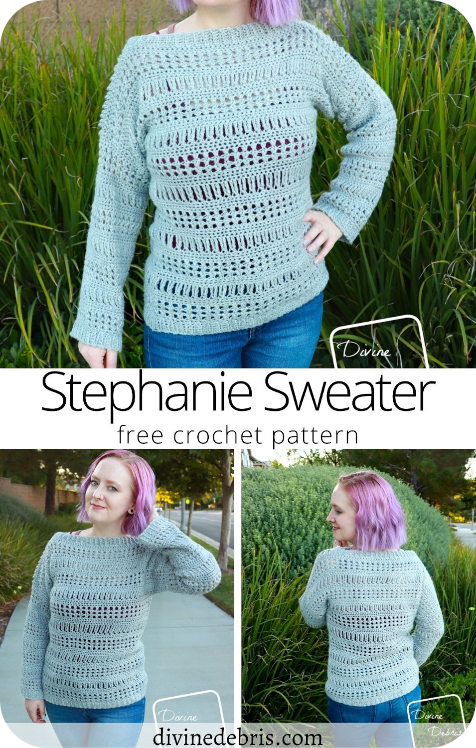 Learn to make a fun and easy early Fall pullover, the Stephanie Sweater, from a free crochet pattern on DivineDebris.com