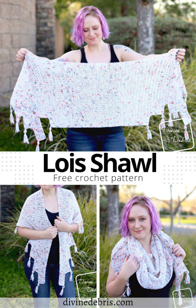 Learn to make the fun, easy, and simple to customize geometric Lois Shawl from a free crochet pattern on DivineDebris.com