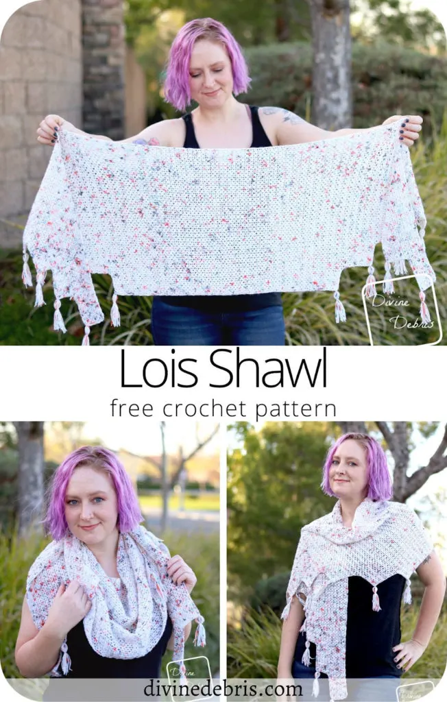 Learn to make the fun, easy, and simple to customize geometric Lois Shawl from a free crochet pattern on DivineDebris.com 