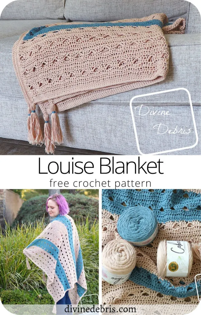 Learn to make the fun, easy, and light free Louise Blanket crochet pattern, a perfect blanket for Spring, on DivineDebris.com 