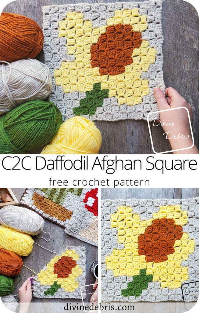 Learn to make the brand new C2C Daffodil Afghan Square, the fifth in the 2021 Plants C2C Square CAL by Divine Debris