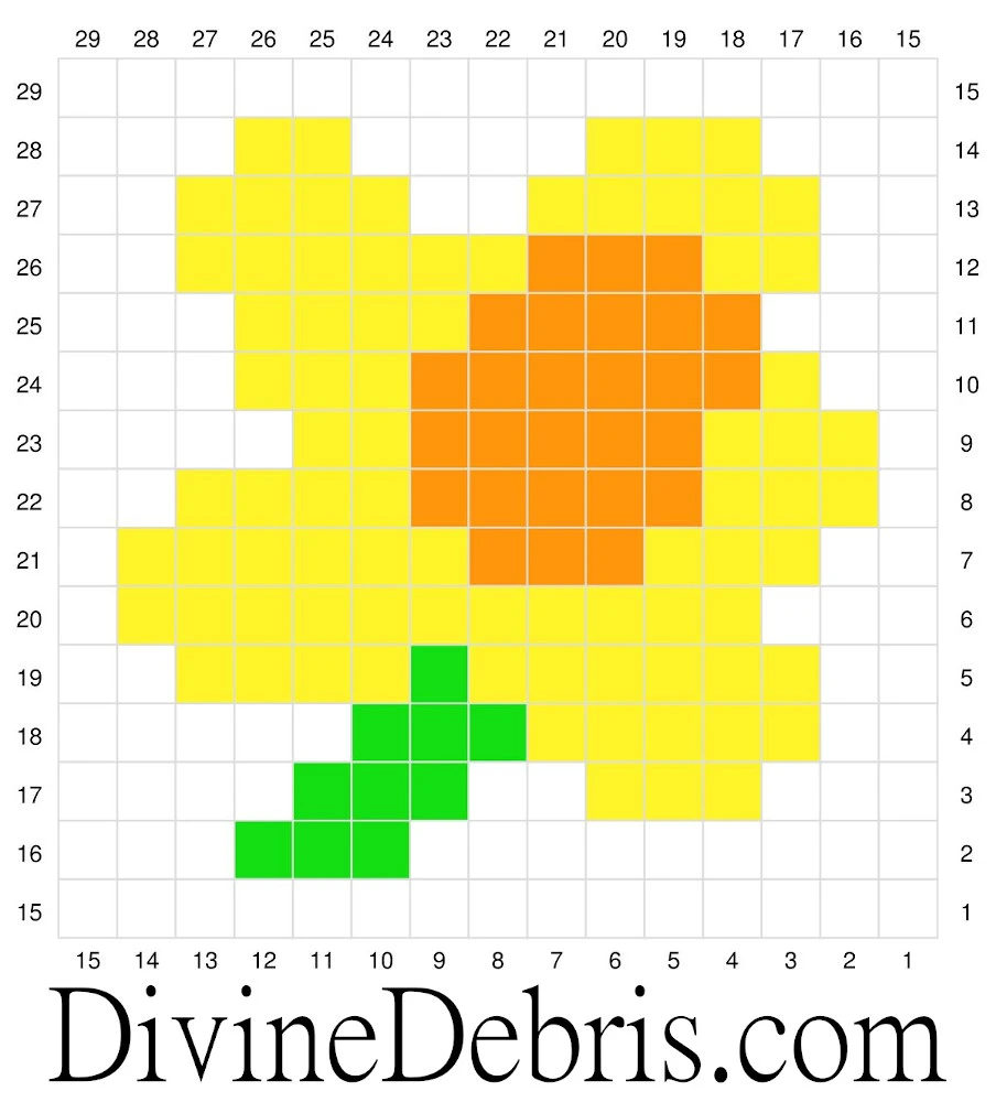 [Image description] Graph of the C2C Daffodil Afghan Square done in white, yellow, green, and orange squares.