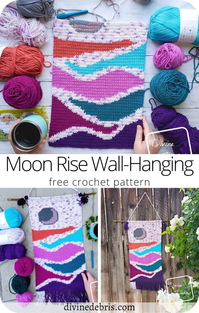 Learn a new pattern and dress up your home decor with the fun and free Moon Rise Wall-Hanging, a free crochet pattern/graph available on DivineDebris.com