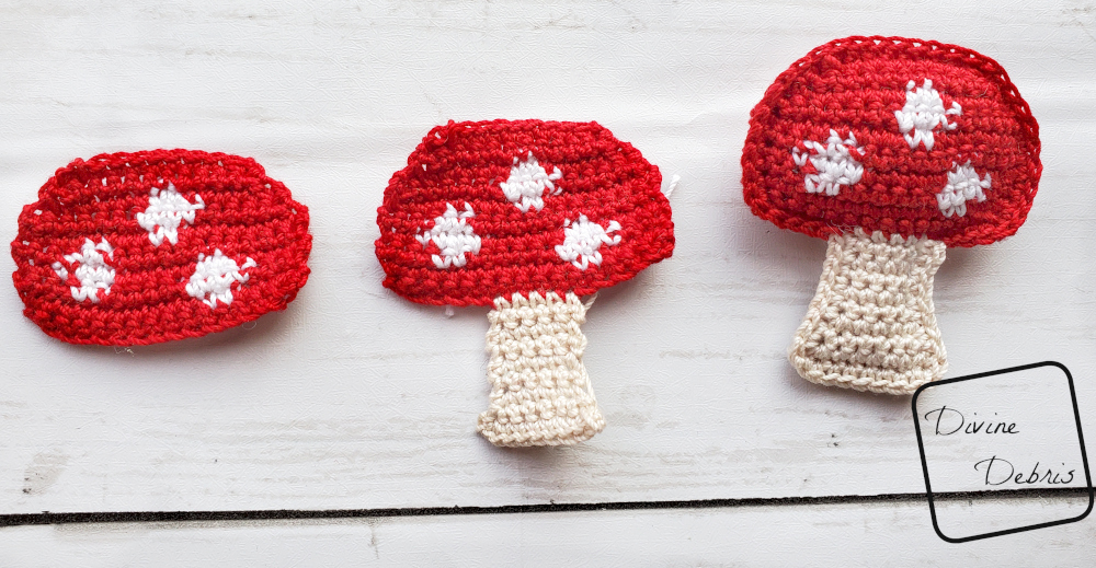 [Image description] Red topped mushrooms in 3 stages from left to right, only the cap, the cap and the stem, and the seamed stuffed cap and mushroom