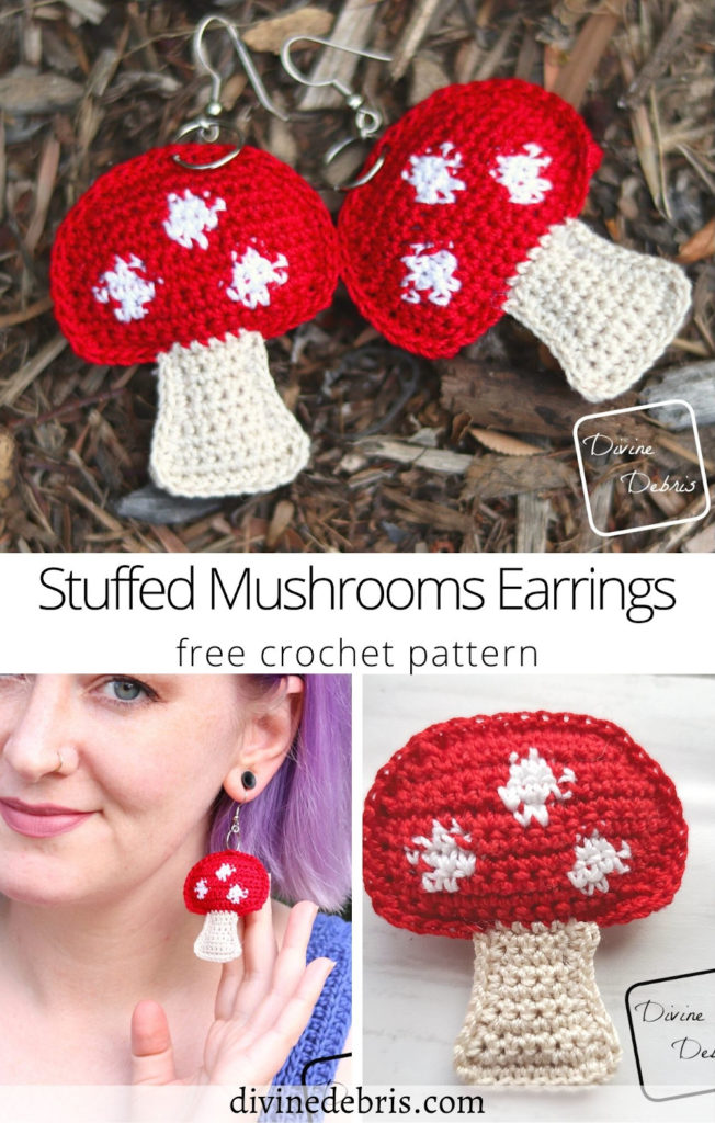 Learn to make the fun, easy, and whimsical free Stuffed Crust Mushrooms Earrings crochet pattern on DivineDebris.com 