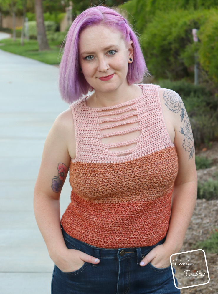 [image description] while wearing the Alix Tank Top, white woman with purple hair stands facing the camera with both hands in her front jean pockets. 
