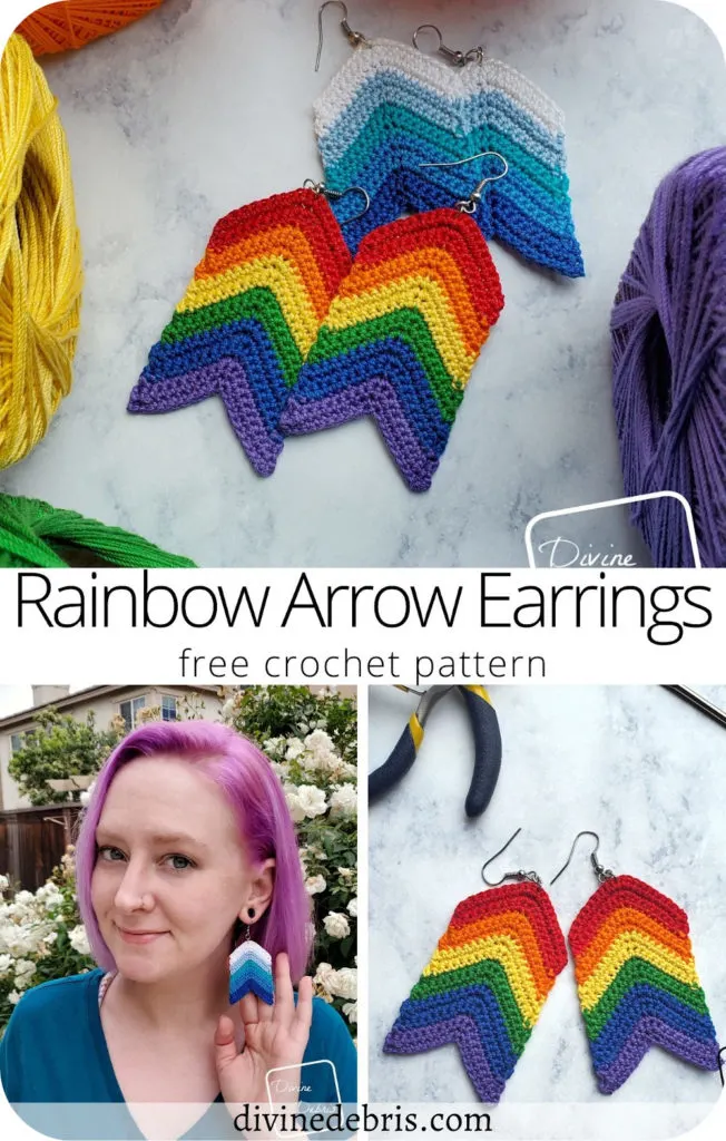 Learn to make the fun and easy Rainbow Arrow Earrings from a free crochet pattern. These are great for 6 colors or 2, you decide your style but with this earring pattern it'll never be boring.