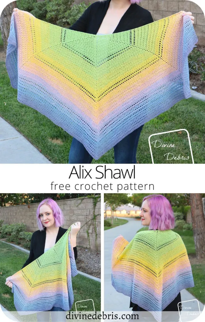 Learn to make the fun, textured, and super drapey Alix Shawl from a free and easy crochet pattern available on DivineDebris.com 