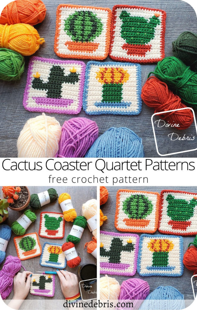Learn to make the fun and colorful Cactus Coaster Quartet from a set of 4 free crochet graph patterns available on DivineDebris.com