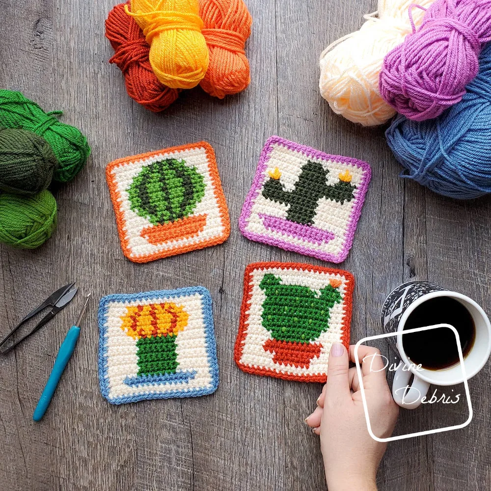 Cactus Coaster Quartet free crochet patterns by DivineDebris