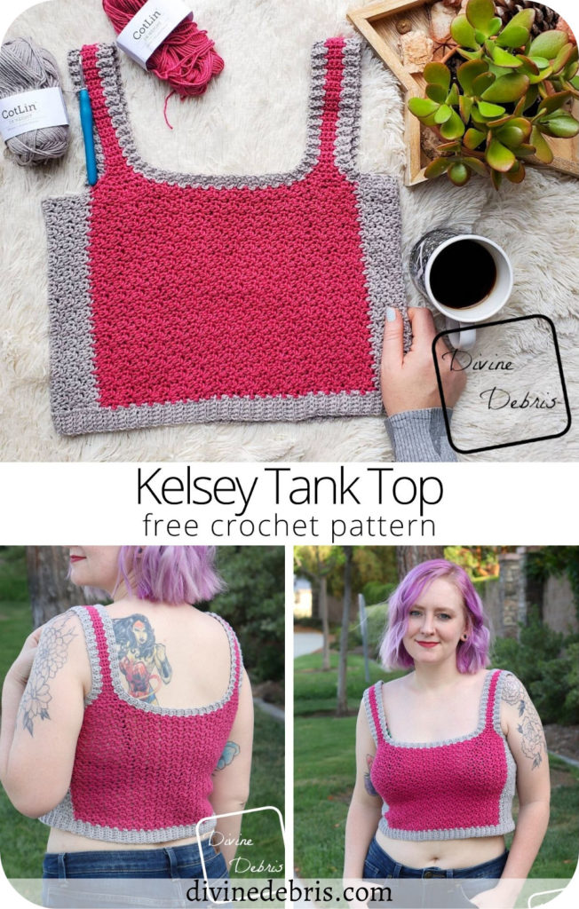 Learn to make the fun and wonderfully textured Kelsey Tank Top, in sizes XS - 5X, from a free crochet pattern available on DivineDebris.com. 