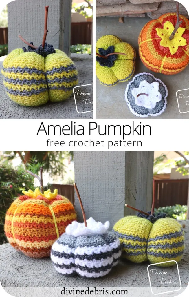 Learn to make the fun, customizable, and stash busting free Amelia Pumpkin crochet pattern for Halloween, available on DivineDebris.com