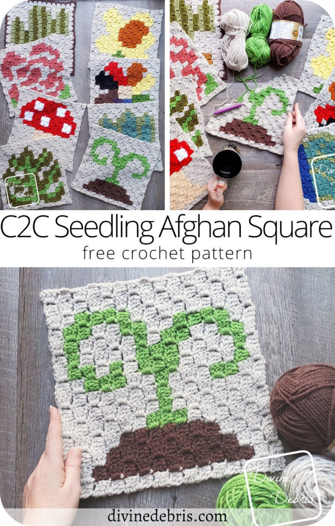 Learn to make the 8th in the year-long C2C CAL by Divine Debris, fun and quick the free C2C Seedling Afghan Square crochet pattern.