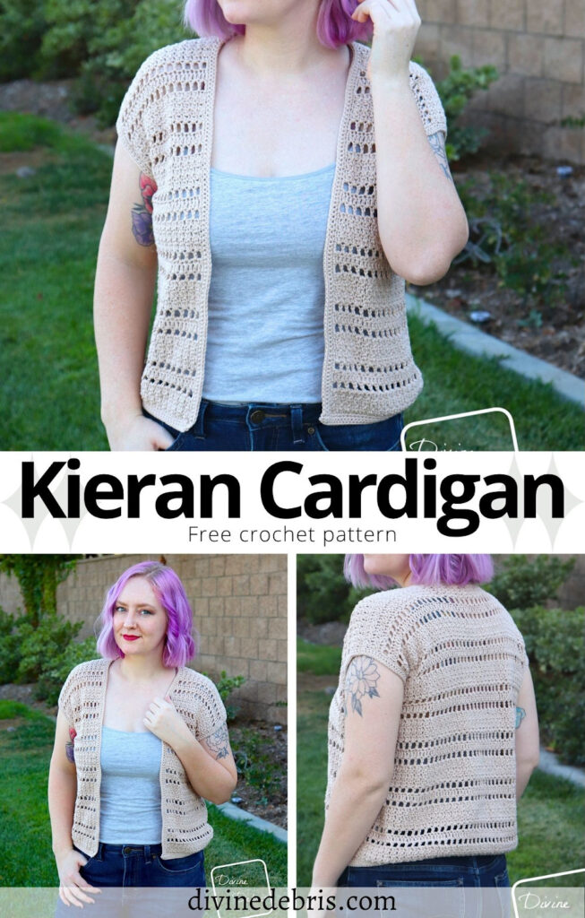 Have fun & look stylish while layering in the late Summer with the easy & customizable free Kieran Cardigan crochet pattern by Divine Debris