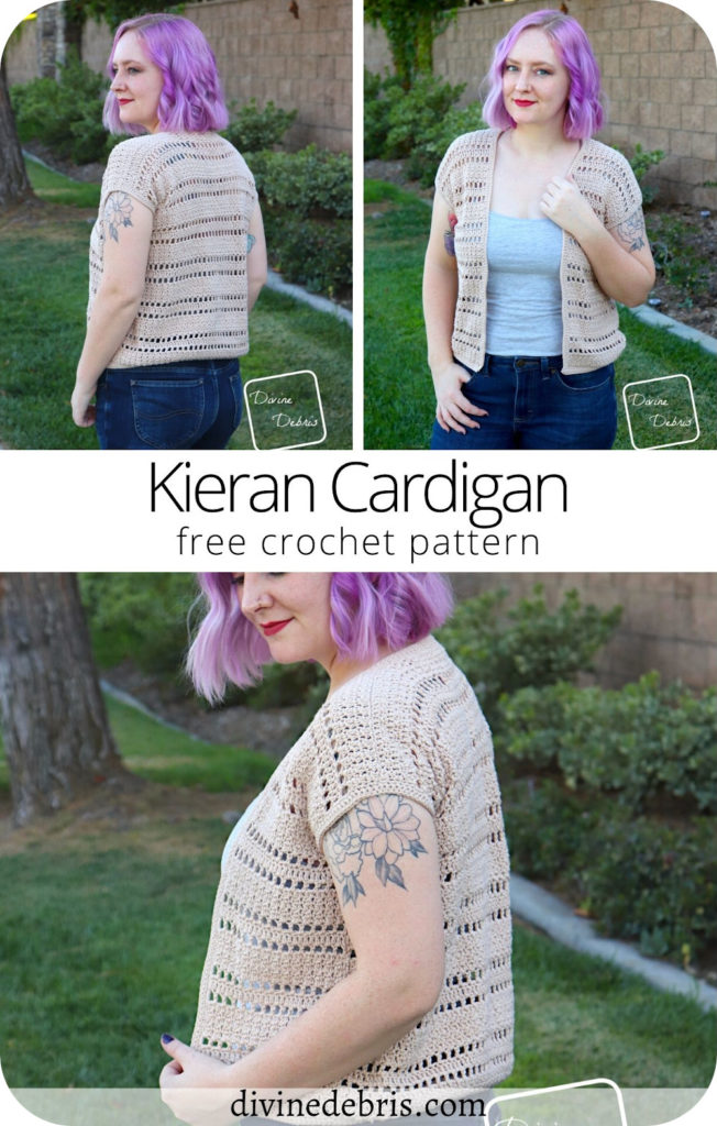 Have fun & look stylish while layering in the late Summer with the easy & customizable free Kieran Cardigan crochet pattern by Divine Debris