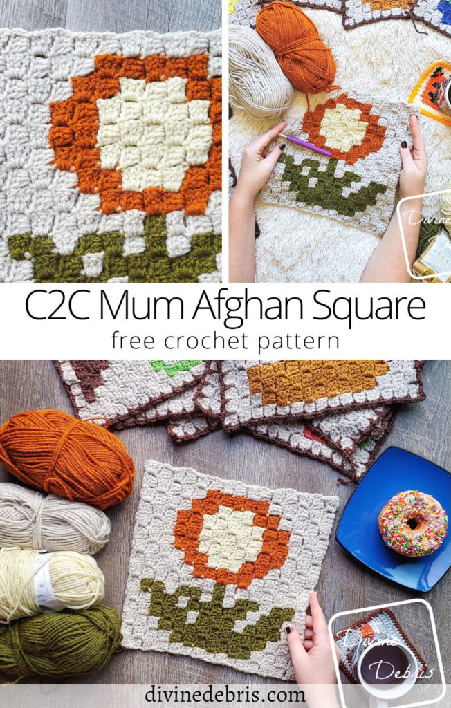 Learn to make the Fall themed September square, the C2C Mum Afghan Square, in the year long Plants Corner to Corner CAL by DivineDebris.com