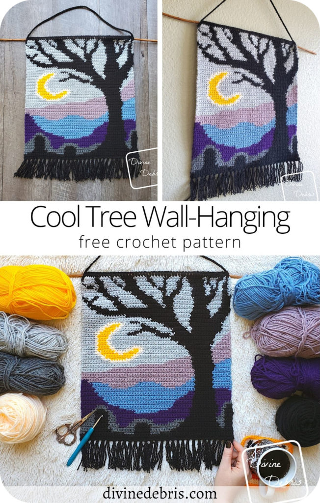 Learn to make the fun, spooky, and colorful Cool Tree Wall-Hanging from a easy graph available for free on DivineDebris.com