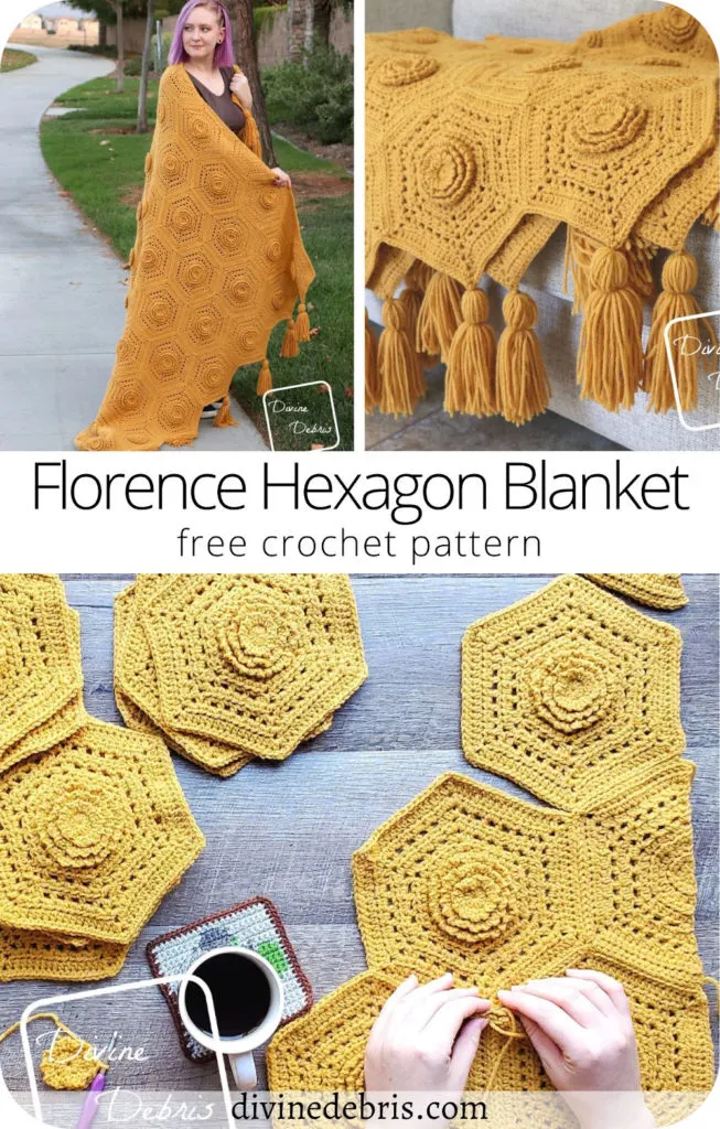 Learn to make the fun, textured, and easy Florence Hexagon Blanket from a free crochet pattern available on DivineDebris.com 