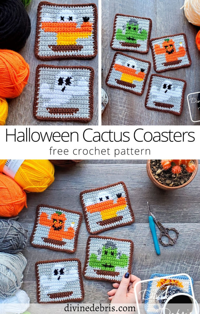 Learn to make the fun, creative, and festive Halloween Cactus Coasters crochet pattern free in graph form from DivineDebris.com