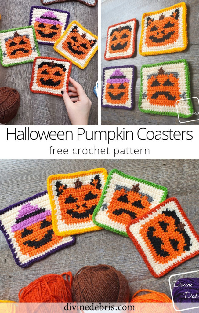 Learn to make the fun and cute October themed patterns, the four Halloween Pumpkin Coasters, from a free crochet pattern on DivineDebris.com
