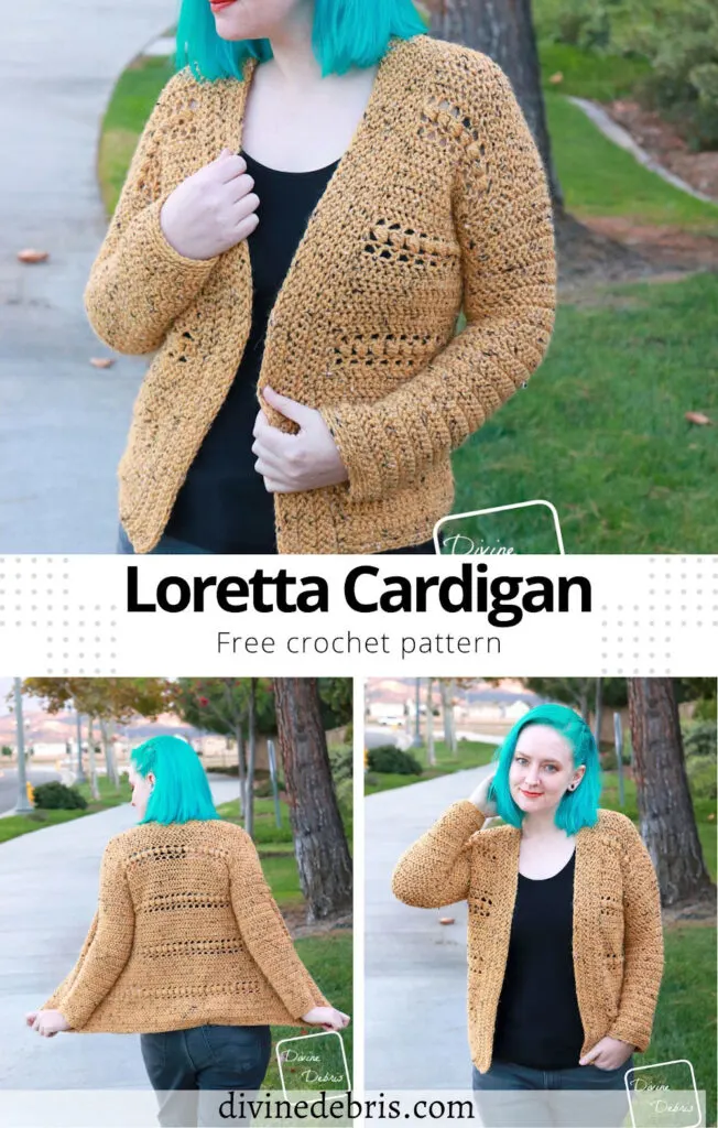 Learn to make the fun, textured, and easy Loretta Cardigan from a free crochet pattern available only on DivineDebris.com