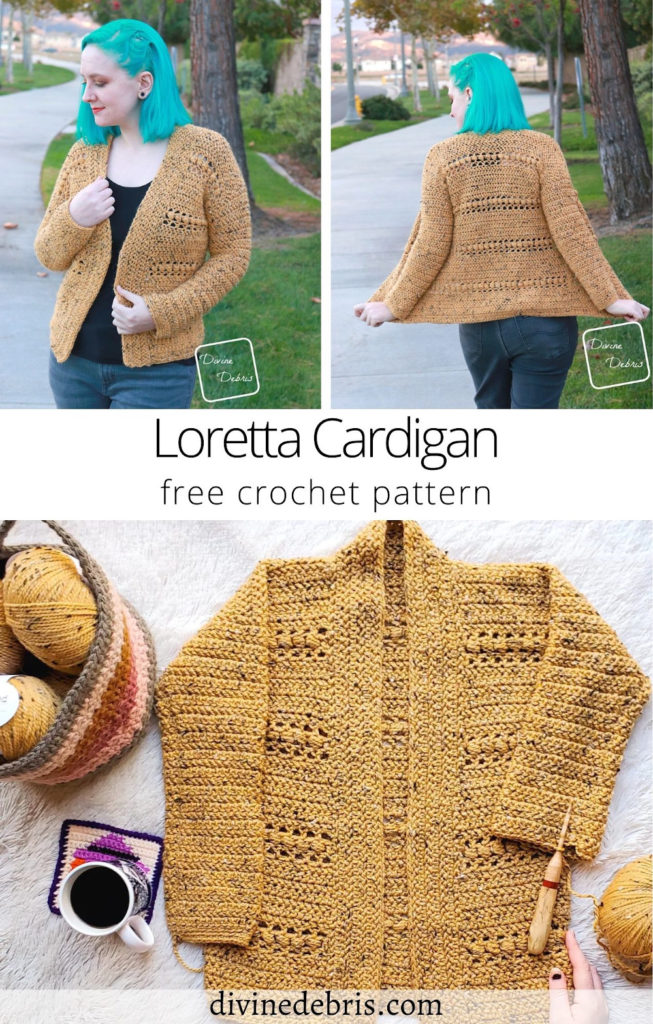 Learn to make the Loretta Cardigan from a free crochet pattern by DivineDebris.com