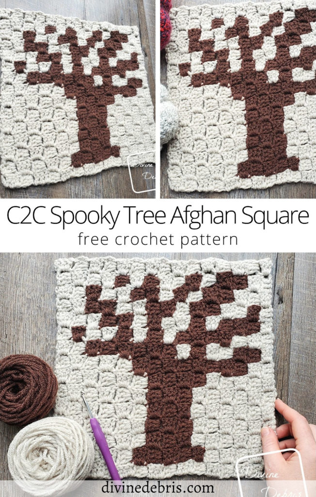 Learn to make the creepy October square, the C2C Spooky Tree Afghan Square, in the year long Plants Corner to Corner CAL by DivineDebris.com