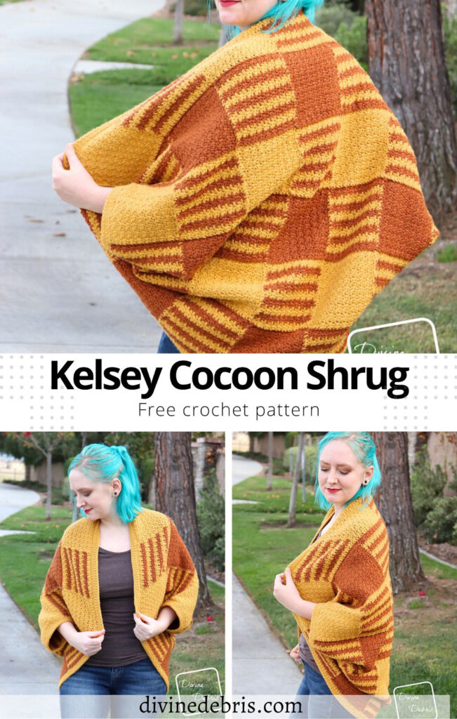 Learn to make the fun plaid styled crochet shrug, from the free the Kelsey Cocoon Shrug crochet pattern by DivineDebris.com