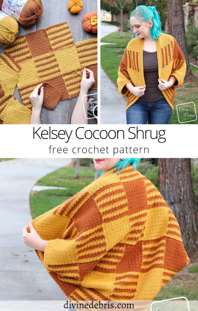 Learn to make the fun plaid styled crochet shrug, from the free the Kelsey Cocoon Shrug crochet pattern by DivineDebris.com