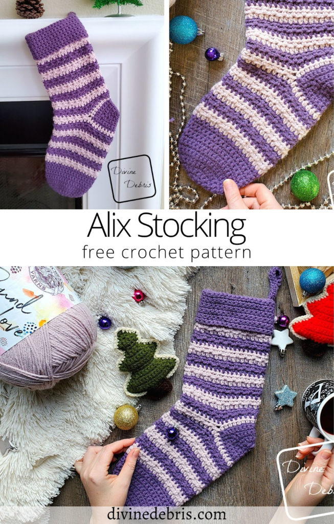 Learn to make the fun and easy Alix Stocking from a free crochet pattern by DivineDebris.com. Perfect for quick gifts and Christmas home decor