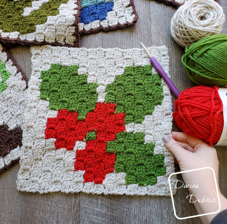 Plant C2c Cal – C2c Winter Holly Afghan Square Free Crochet Pattern 