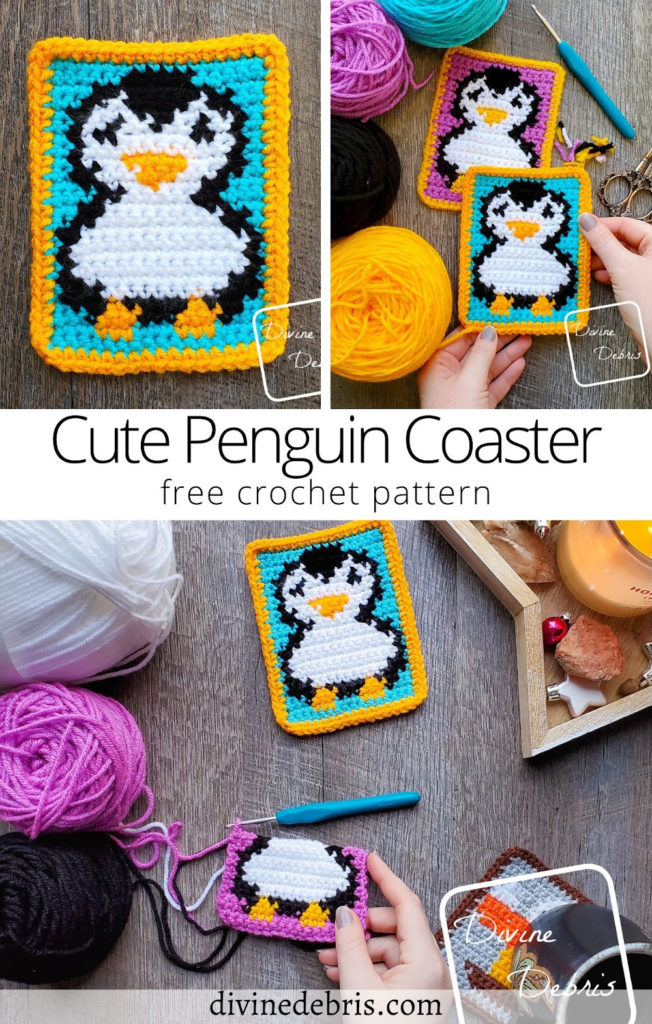 Great for last minute gifts! Learn to make the fun, cute, and super simple Cute Penguin Coasters from a free crochet pattern by DivineDebris.com 
