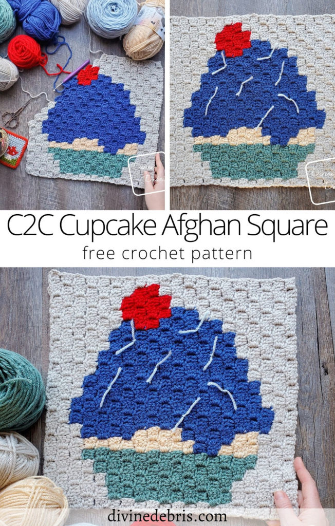Learn to make the fun and easy C2C Cupcake Afghan Square from the 2022 Delicious Desserts C2C CAL by DivineDebris.com