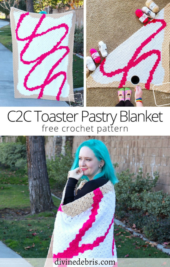 Learn to make the fun, silly, and customizable crochet blanket, the C2C Toaster Pastry Blanket, from a free crochet pattern by DivineDebris