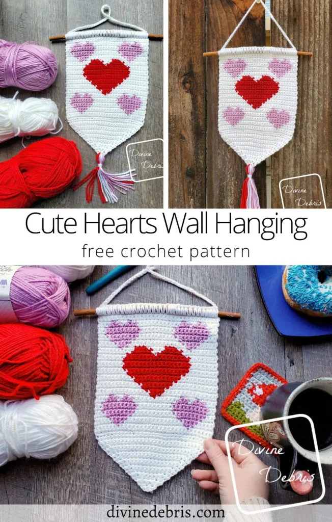 Learn to make the fun, quick, and Valentine's Day inspired Cute Hearts Wall Hanging from a free crochet pattern by DivineDebris.com