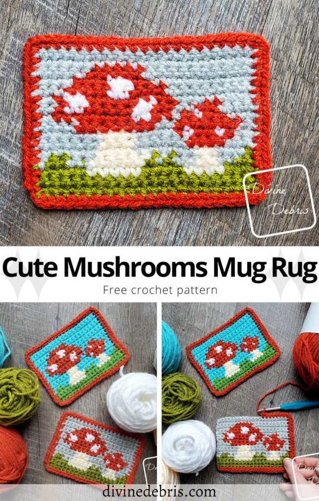 Get creative in your home with the fun and colorful Cute Mushrooms Mug Rug from a free graph by DivineDebris.com