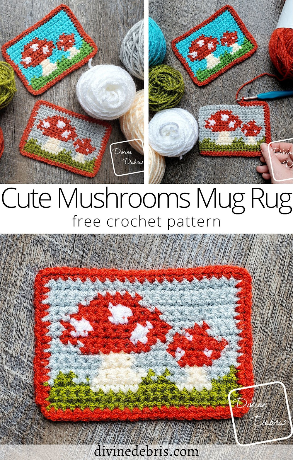 The Cute Mushrooms Mug Rug free crochet pattern by DivineDebris.com