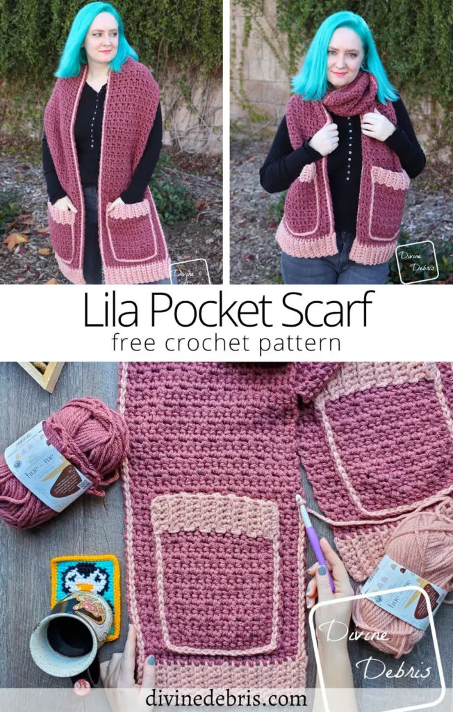 Learn to make the fun, cozy, and customizable Lila Pocket Scarf from a free crochet pattern on DivineDebris.com