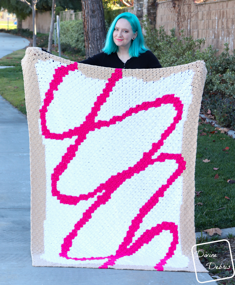 [Image description] A white woman with blue hair stands on a side walk holding up the C2C Toaster Pastry Blanket toward the camera.